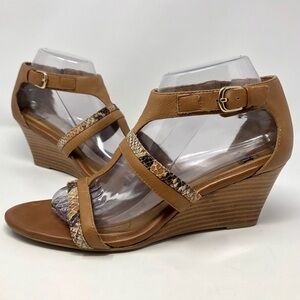 Sofft Pippa Brown Leather Wedge Heels Snake Print Adjustable Buckle Open Toe